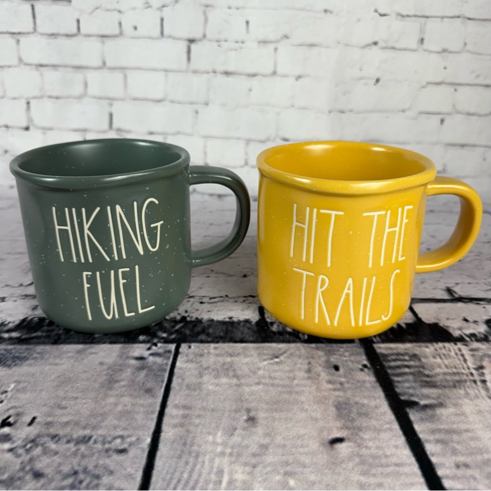 Rae Dunn Mugs Hiking Fuel + Hit The Trails Green + Yellow Ceramic New!
